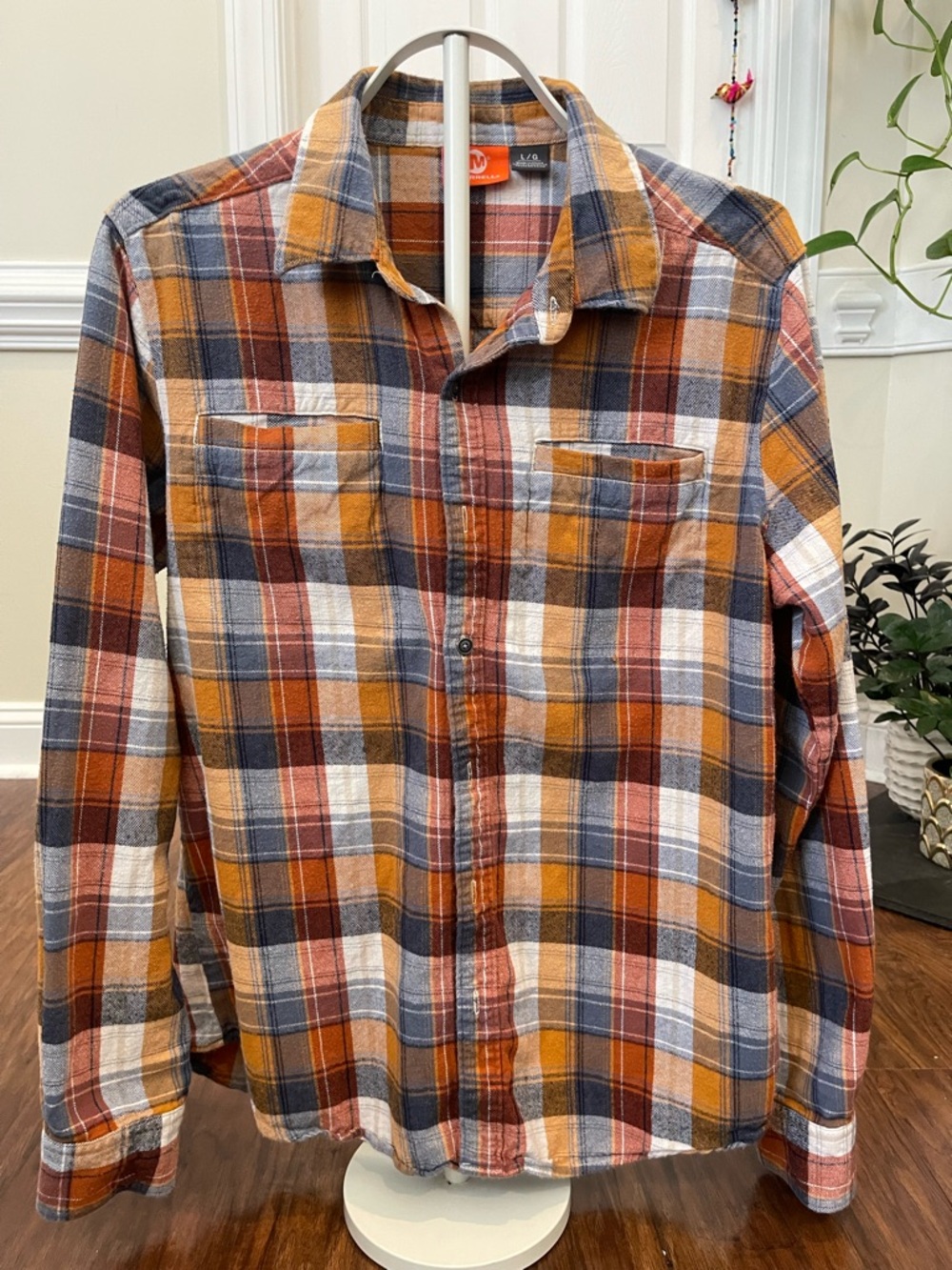 Merrell Men’s Flannel Shirt – Size Large, Orange Plaid, Long Sleeve Button Up